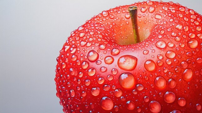 Close up of a red apple with water droplets and textured skin, dramatic light, hyperrealism style