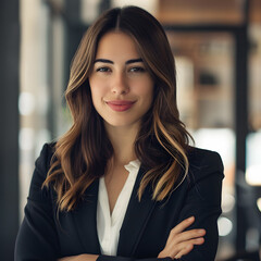 Naklejka premium A woman in a business suit is smiling and looking directly at the camera