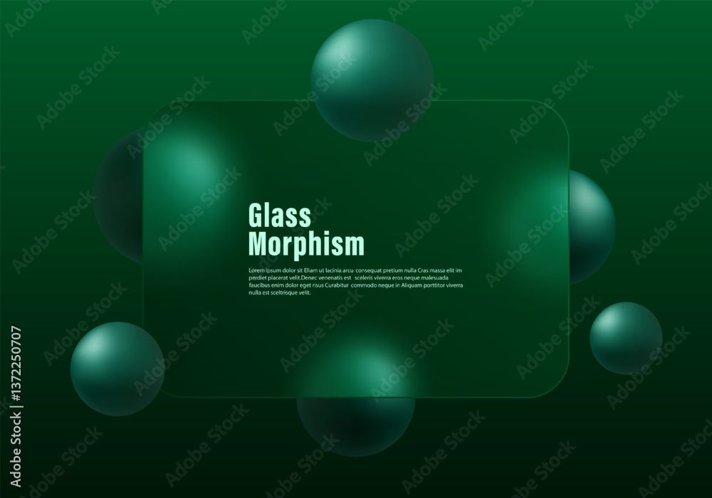 Wall mural dark background in glass morphism style. frosted glass screen with overlay effect on floating 3d sph