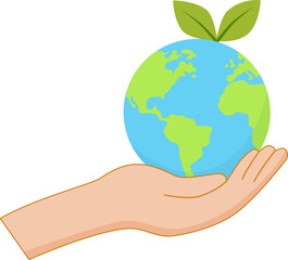 A hand holding Earth with green leaves, symbolizing care for the planet and sustainability.