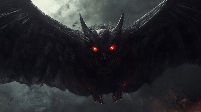 terrifying black mothman with red eyes- scary halloween creature, detailed dark winged monster