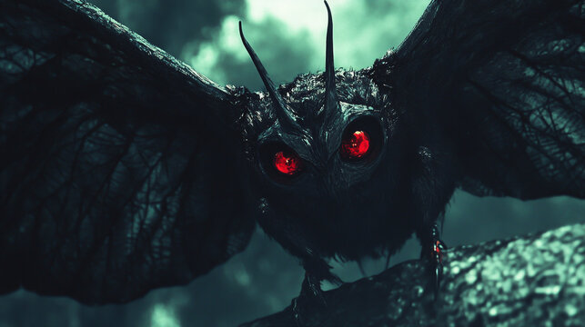 terrifying black mothman with red eyes- scary halloween creature, detailed dark winged monster