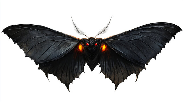 terrifying black mothman with red eyes- scary halloween creature, detailed dark winged monster isolated on clean white background