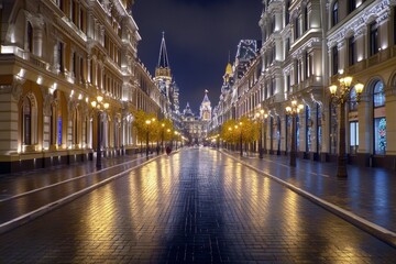 Naklejka premium A city square covered in golden lights and New Year decorations, with families strolling and enjoying the holiday spirit