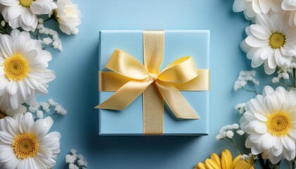 Pastel Blue Gift Box with Pastel Yellow Ribbon on Flowers Background. Top View of Gifts for Babies with Copy Space
