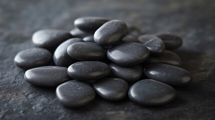 a pile of black stones close-up with reflection for background or design