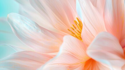 Obraz premium Macro detail of pastel flower petals with visible pollen dust and soft surface structure, dreamy and feminine