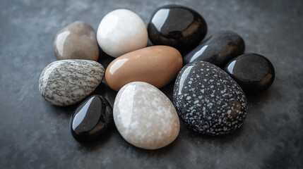 black, beige and white stones close-up with reflection for background 