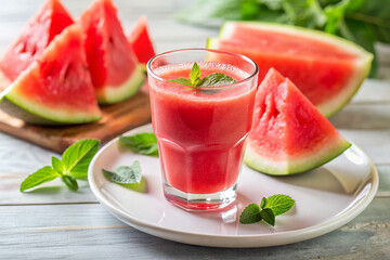 Cold Watermelon Juice in Glass with Sliced Fruit on a White Dish