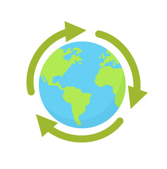 A globe with recycling arrows, representing a circular economy, sustainability, and environmental awareness.
