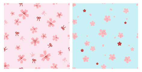 Seamless patterns with Cherry blossom Sakura flower and ribbon bows on pink and green mint backgrounds vector. Cute floral print vector. 