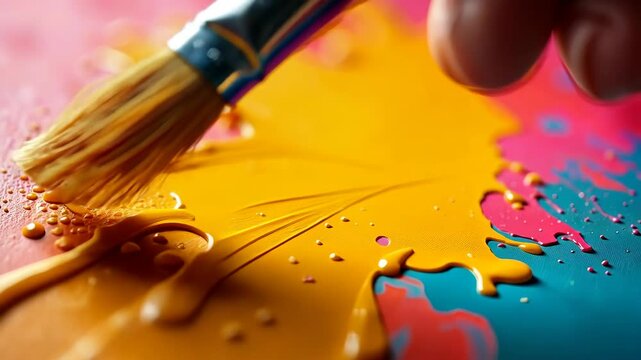 Close-up of a paintbrush swirling vibrant yellow paint on a colorful canvas with drips and splashes of various hues.