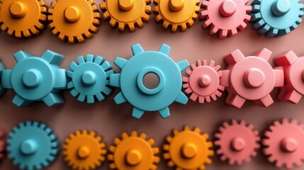 Colorful Gears Interlocking on Beige Background