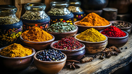 Fototapeta premium Assorted spices in rustic bowls on wooden table