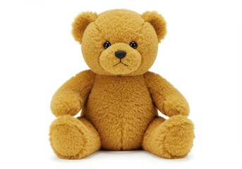 Obraz premium A brown teddy bear sitting upright with a black nose and eyes on a white background in a studio shot