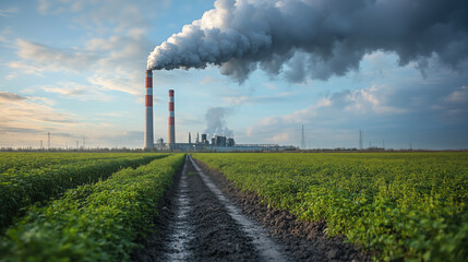 Power plant smokestacks emitting pollution over agricultural field, environmental impact concept with industrial chimneys and green crops