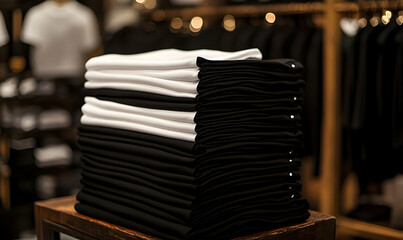 Naklejka premium Stacked black and white t-shirts displayed in a clothing store with blurred garments in the background