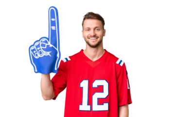 Young caucasian sports fan man over isolated chroma key background smiling a lot
