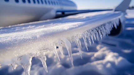 realist style, Close-up of white airplane wings, in winter with ice formation on surfaces