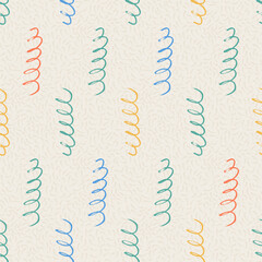 Squiggle wavy lines seamless pattern. Geometric bday party endless background. Fun confetti repeat cover. Surface pattern design festive motif. Vector hand drawn illustration.
