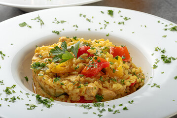 risotto, jedzenie, posiłek, ryz, dania, obiad, płyta, gotowanie, smażone, wieprzowina