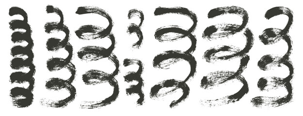Ink brush stroke squiggles lines. Hand drawn spirals for collage. Brush stroke dye black linear scribble elements set isolated on white background. Scribble loop freehand decoration..