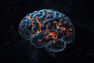 Glowing human brain floating in outer space, symbolizing limitless intelligence, cosmic consciousness, and the power of neural connections in science and technology.
