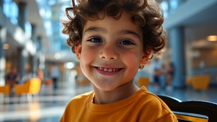 Happy child in wheelchair, modern hospital lobby, positive outlook, suitable for stock photography, use in marketing materials, social media - Powered by Adobe