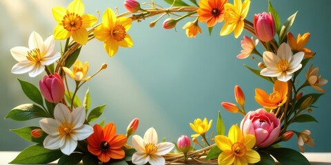 Fototapeta premium A vibrant springtime floral arrangement, featuring a circular composition of tulips, daffodils, and other blossoms, bathed in soft sunlight against a tranquil backdrop.