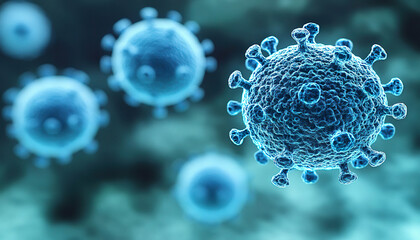 Microscopic spherical virus with surface proteins, represented in a blurred cellular environment - Generated with AI