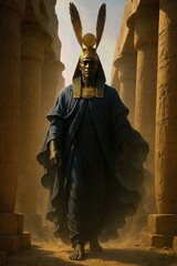 Amon stepping out of the ancient Karnak temple at sunrise. His tall feathered headdress and flowing robes pulse with celestial energy. Golden rays illuminate the monumental columns