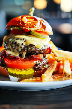 Large hamburger with cheese and pickles on top of a plate. The burger is accompanied by a side of french fries