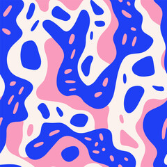 Abstract seamless pattern in 80s and 90s camouflage style. Bright blue and pink spots, dots and waves for backgrounds, print, textile and wrapping.