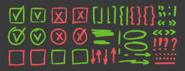Check marks, arrow doodle set. Marker underlines, quotation marks, brackets and signs. Scribble pencil emphasis note highlights. Vector hand drawn collection illustration isolated on dark background.