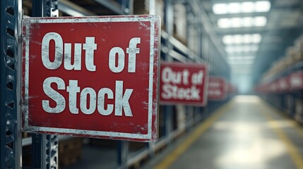 Out of stock signs hanging on shelves in a large warehouse with a concrete floor and metal racks.
