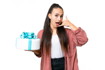 Young Arabian woman holding birthday cake over isolated chroma key background making phone gesture. Call me back sign