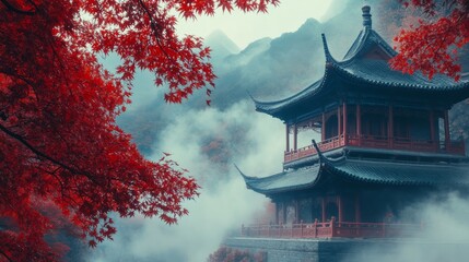 In autumn, red leaves cover the mountains, and a temple in China is filled with incense