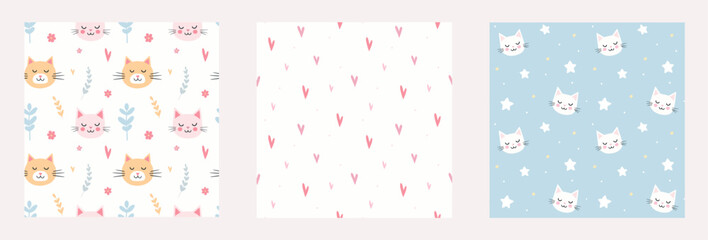 Set of seamless patterns with cats and hearts. Hand-drawn illustration for nursery, bedding, fabric, textile and wrapping. Cute animals for baby products and print.