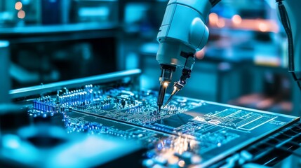 A high tech AI powered robotic arm, assembling intricate circuit boards in a high-speed manufacturing facility, advanced industrial setting