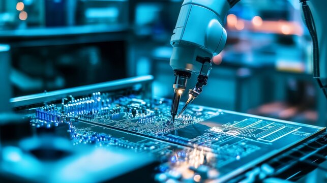 A high tech AI powered robotic arm, assembling intricate circuit boards in a high-speed manufacturing facility, advanced industrial setting