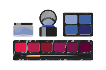 Cosmetics. Palettes of shadows and lipsticks, lip gloss, loose shadows, eye pigment.