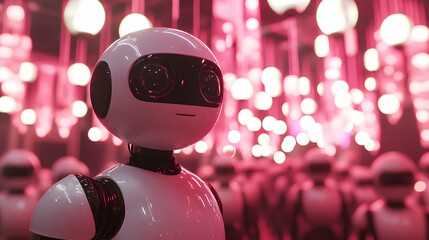 A futuristic robot stands with others in a neon pink environment