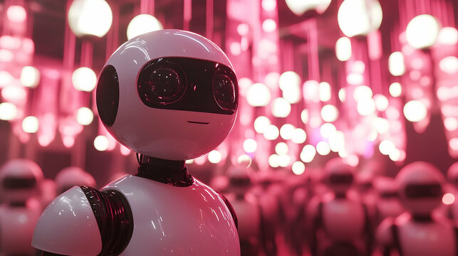 A futuristic robot stands with others in a neon pink environment