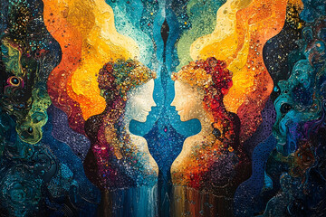 Two human silhouettes face each other surrounded by colorful artistic swirls