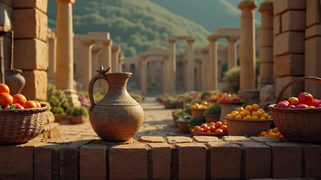 Still life scene with amphora and fruits in ancient Mediterranean courtyard.
