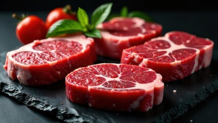 Close-up view of succulent, raw beef steaks, marbled with fat, arranged on a dark slate surface, garnished with fresh herbs and cherry tomatoes.