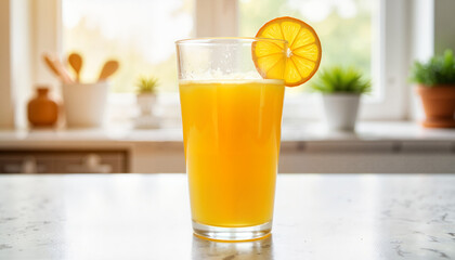 Freshly squeezed orange juice with orange slice on countertop, morning vitality