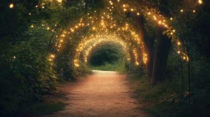Illuminated Pathway Through Trees at Night