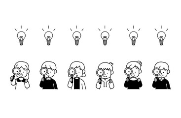 虫眼鏡を除く子供たちのベクターイラストセット 発見 好奇心 アイデア ひらめき 電球 女の子 男の子