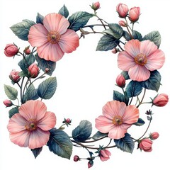 Delicate Pink Floral Wreath with Budding Roses and Green Leaves